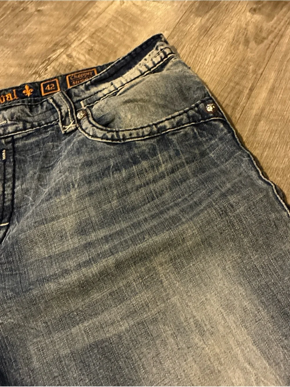 Rock Revival Chopper Relaxed Straight Men's Denim Jeans Thick Stitch SZ 42 Used